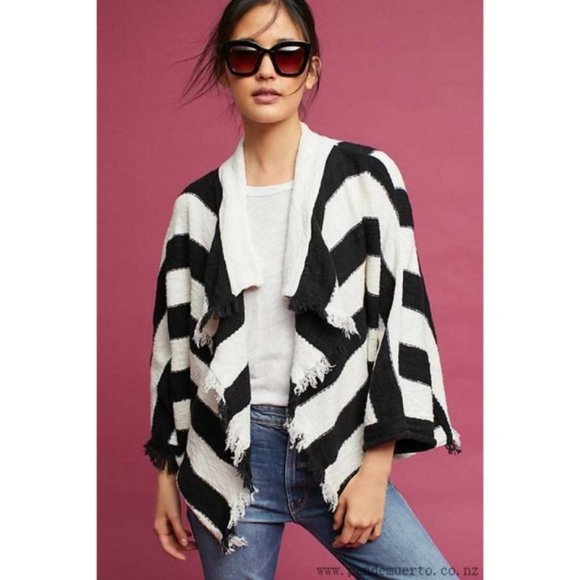 Anthropologie Sweaters - Anthro MOTH Fringe Black White Cotton Cardigan M/L